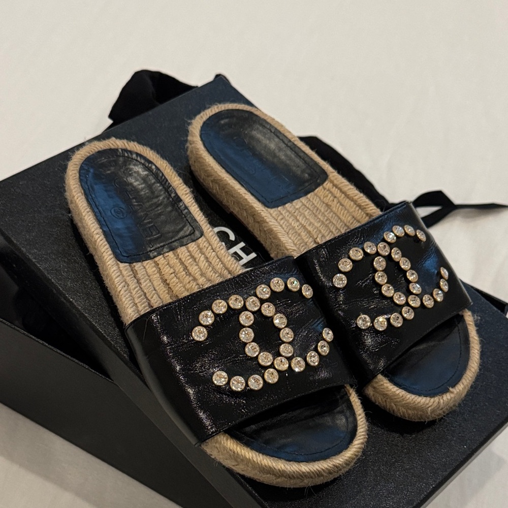 Rare Chanel rhinestone espadrille material and leather slides